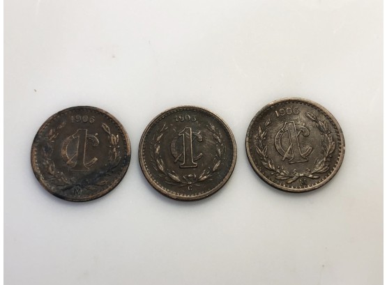 (D34) SET OF 3 MEXICAN COINS-1 1903 1 CENT-2 1906 1 CENT COINS