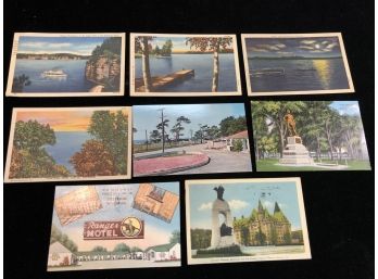(PC4) LOT OF 8 VINTAGE POSTCARDS-1 ALA.-1 CANADA- 1 CALI-4 WISC-1 WYOMING
