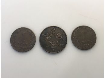 (D29) SET OF 3 COINS-1882 NETHERLANDS 1 CENT-1904 NETHERLANDS 1 CENT-1915 SWEDEN 2 ORE