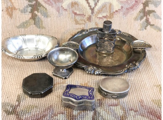LOT OF 7 STERLING SILVER PILL BOCES AND ASHTRAY