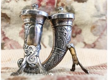 Pair Sterling Silver Norway Salt And Pepper Powder Horns. Measures Approx. 2.5'w X 2.5' H