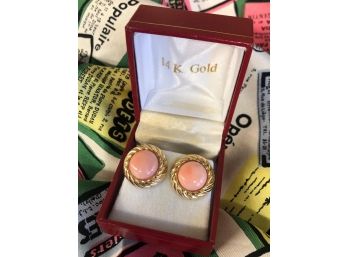 14 KARAT GOLD AND CORAL EARRINGS-.75 INCHES WIDE