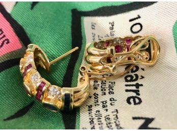 14K YELLOW GOLD & DIAMOND, EMERALD, SAPPHIRE AND RUBY EARRINGS-1 INCH LONG-6.2 DWT