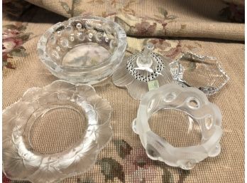 LOT OF FIVE (5) SIGNED LALIQUE PIECES - ASHTRAY -TRINKET DISH- BOWLS - FLOWER- 4-5'
