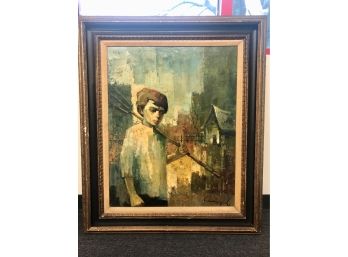 SIGNED MCM OIL PAINTING ON CANVAS - BOY WITH RAKE