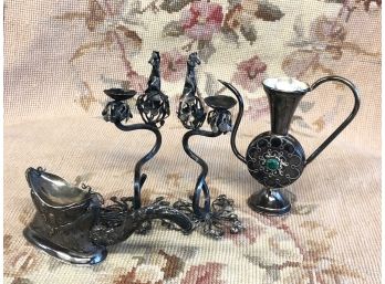 LOT OF 4 STERLING SILVER UNUSUAL PIECES - JUDAICA - 5-6 INCHES TALL AND WIDE
