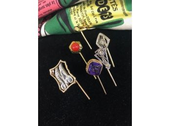 LOT OF 6 STICK PINS-14 KT WHITE & YELLOW GOLD-AMETHYST-CORAL-DIAMOND ALL APPROX. 3 INCHES LONG