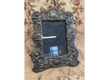 ANTIQUE - 5X7 STERLING SILVER PICTURE FRAME WITH CHERUBS. MONOGRAMMED ON TOP
