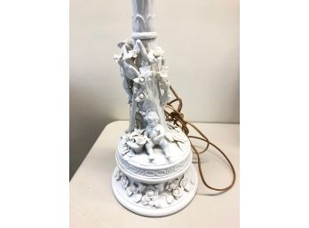 VINTAGE BLANC DE CHINA LAMP. FIGURAL WCHILDREN AND TREE 29' T TO HARP SOME DAMAGE TO FLOWER TIPS