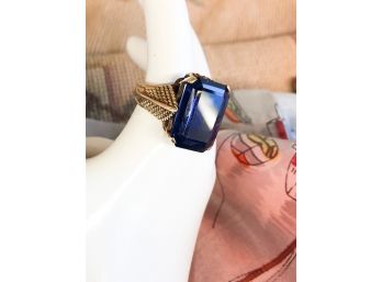 14 Karat Gold Ladies Ring With Large Emerald Cut Sapphire. Size 10.75 Weight 8 DWT