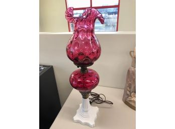 VINTAGE CRANBERRY GLASS HURRICANE CONVERTED GAS LAMP 26 INCHES TALL