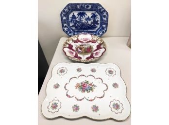 3 ANTIQUE PORCELAIN PIECES. FRENCH VANITY TRAY, BLUE WILLOW PLATTER AND TRANSFER PRINTED PLATTER GERMANY