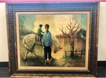 VINTAGE MCM OIL PAINTING ON CANVAS - BOY ON HORSE