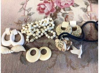 LOT OF 7 VINTAGE BONE PIECES INCLUDING 4 PAIRS OF EARRINGS, 1 BROACH, 1 NECKLACE AND 1 NETSUKE, SIGNED