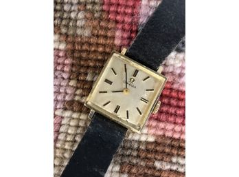 OMEGA 14K GOLD LADIES WATCH - SQUARE FACE - BLACK LEATHER BAND - 1.25'