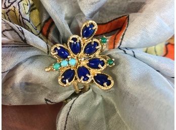 14 KARAT GOLD BUTTERFLY RING-TURQUOISE-LAPIS AND EMERALDS SIZE 5-3.7 DWT
