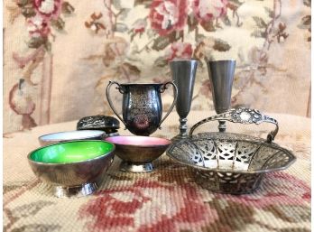 10 PIECE MIXED STERLING SILVER LOT OF CUPS, SALTS AND URN. 2'-3' EACH