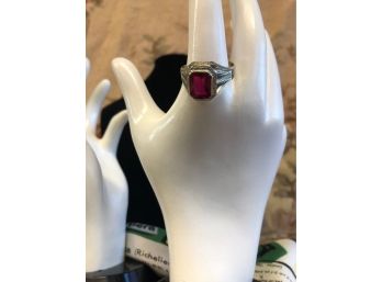 RUBY AND 14KT WHITE GOLD MENS RING. SIZED 11.5-WEIGHS APPROX 4.1 DWT