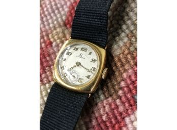 18K GOLD OMEGA LADIES GOLD WATCH - C.1940s - BLACK FABRIC BAND