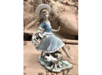 LLADRO FIGURINE - GIRL WITH DOG & FLOWER BASKET - 11' TALL - PERFECT
