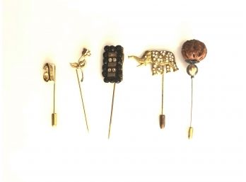 (C30) LOT OF 5 COSTUME JEWELRY STICK PINS-GOLD TONED-ELEPHANT, ROSE, LETTER A