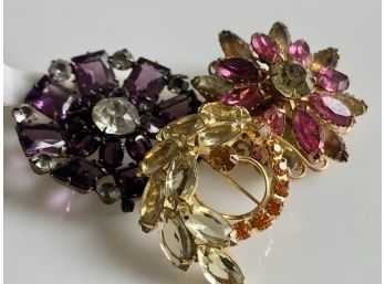A-10- THREE LARGE VINTAGE COLORFUL RHINESTONE  BROOCHES - WATERMELON PINK, AMBER, PURPLE