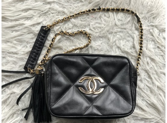 BAG 2) FAUX CHANEL BLACK LEATHER POCKETBOOK-QUILTED-ZIPPERED  W/TASSLE-STRAP-APPROX.8X6S #6072