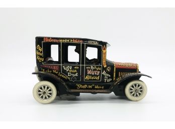 A-32- VINTAGE MARX TIN TOY - 'OLD JALOPY' SLOGAN CAR - 'HEART BREAKS, DO NOT DISTURB, SILVER SPRINGS' 7' BY 4'