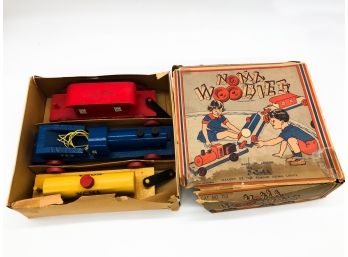 (c80) VINTAGE WOODEN TRAIN SET-MADE IN CANADA-NOMA WOODIES-BY NOMA-IN BOX