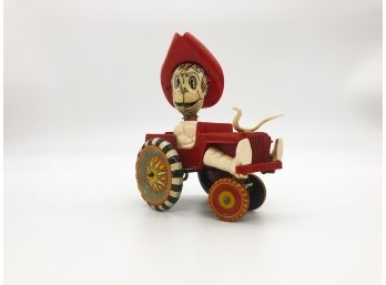 A-38 - VINTAGE MARX TIN TOY - COWBOY RIDING TRACTOR - LONGHORNS ON HOOD - WORKING W/KEY -5' BY 4'