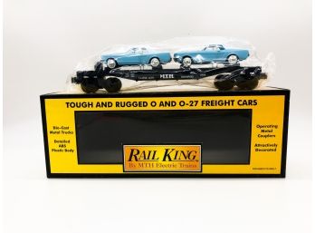 C-32- RAIL KING - O & O-27 FREIGHT CARS - MTH AUTO TRANSPORT FLAT CAR W/2 ERTL '64 MUSTANGS - NEW IN BOX