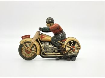 A-2- VINTAGE TIN TOY - TECHNOFIX MOTORCYCLE - G.E.255 - GERMANY - 7' BY 5'