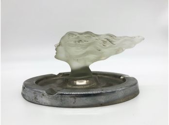 A-23- FROSTED GLASS WOMAN'S HEAD HOOD ORNAMENT MOUNTED ON AN ASHTRAY - 8' BY 4.5'