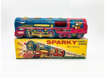 (C105) VINTAGE TIN TOY ' SPARKY CHOO CHOO WITH WHISTLE' MADE IN JAPAN BY KANTO IN ORIG BOX - 10'