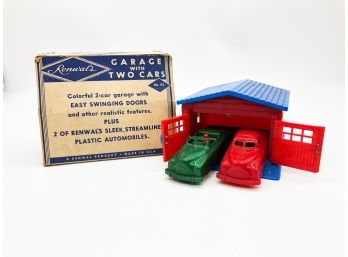(C60B) VINTAGE PALSTIC TOY-RENWAL- 2 CAR GARAGE WITH 2 CARS-IN BOX