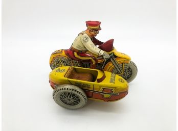 A-18-  VINTAGE MARX TIN TOY - POLICE MAN ON MOTORCYCLE WITH ATTACHED SIDE CAR - 7' BY 5'