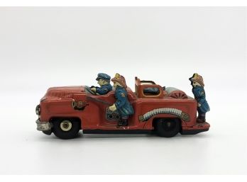 A-11-  VINTAGE 'T.N.' JAPAN FIRE DEPT. TIN TOY - FIRE TRUCK WITH FIRE MEN - 7'