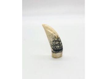 A-100 - VINTAGE SCRIMSHAW CARVING - TOOTH WITH GALLEON SHIP ETCHED - 4'
