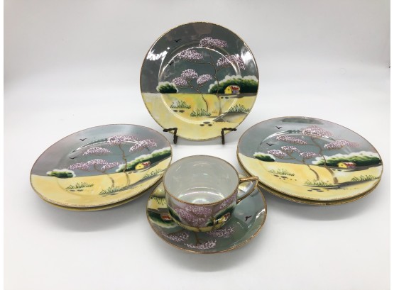 2A-16 - LOT OF 5 PLATES WITH TEA CUP & SAUCER - MADE IN JAPAN - HAND PAINTED - 5'-7'