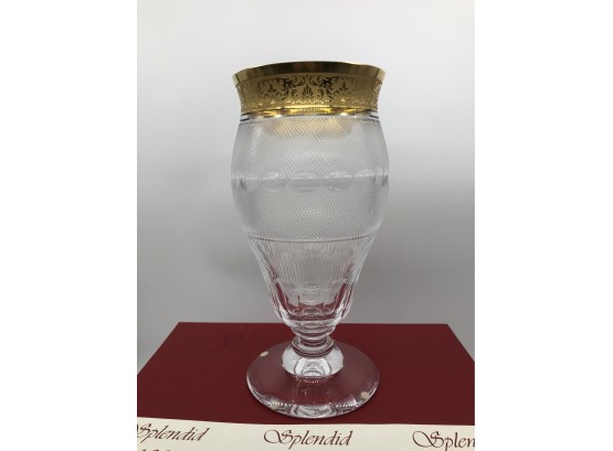 2A-121- VINTAGE MOSER GLASS VASE WITH GOLD DECORATED RIM - CZECH. REPUBLIC - NEW IN BOX - 11'