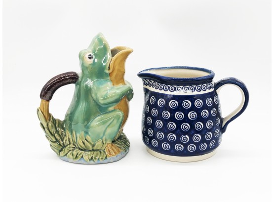 (2A-33) LOT OF 2 PITCHERS-GREEN FROG MADE CHINA-BLUE PRINT MADE POLAND-APPROX. 8'T X 6' W