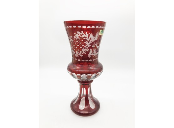 (2A164) LAUSITER GLASS-MADE IN GERMANY-CRANBERRY GLASS VASE-CUT TO CLEAR-FLORAL & DEER DECORATION-APPROX. 12'