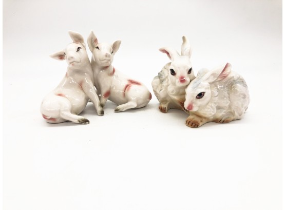(2A-30) LOT OF 2 ANIMAL CERAMIC FIGURINES-2 PIGS ATTACHED AND 2 RABBITS ATTACHED-  APPROX. 4 1/2'