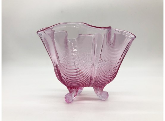 2A-47- HAND BLOWN ART GLASS - PINK FOOTED BOWL WITH SWIRL DECORATION - 6.5'