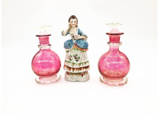 (2A-36) MIXED LOT OF TWO PINK GLASS PERFUME BOTTLES & OCCUPIED JAPAN CERAMIC LADY FIGURINE