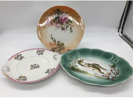 2A-17 - THREE ANTIQUE SERVING PLATES - RS GERMANY, FISH PLATE, ROSES - 9' - 12'