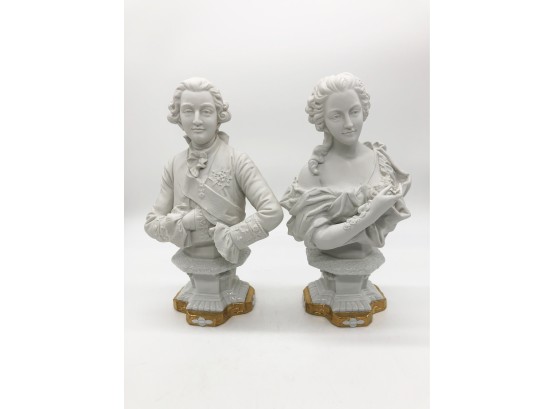 (2A162) PAIR OF BISQUE BUSTS-HIGHLY DETAILED-MAN & WOMAN-LOUIS XV1 AND POMPADORE-JAPAN APPROX. 12 '
