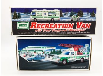 2A-52- TWO VINTAGE 1998 & 1994 HESS TRUCKS IN BOXES -RECREATION VAN W/MOTORCYCLE & DUNE BUGGY & GAS TRUCK