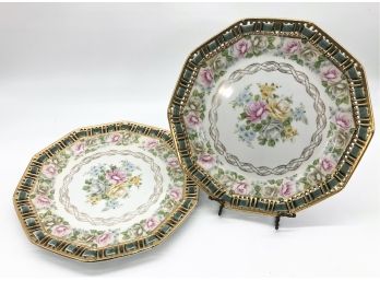 2A-7 - PAIR OF VINTAGE 'ARDALT, JAPAN -LENWILE CHINA' DECORATOR PLATES WITH WOVEN SATIN RIBBON- OCTAGONAL-10'
