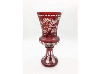 (2A164) LAUSITER GLASS-MADE IN GERMANY-CRANBERRY GLASS VASE-CUT TO CLEAR-FLORAL & DEER DECORATION-APPROX. 12'